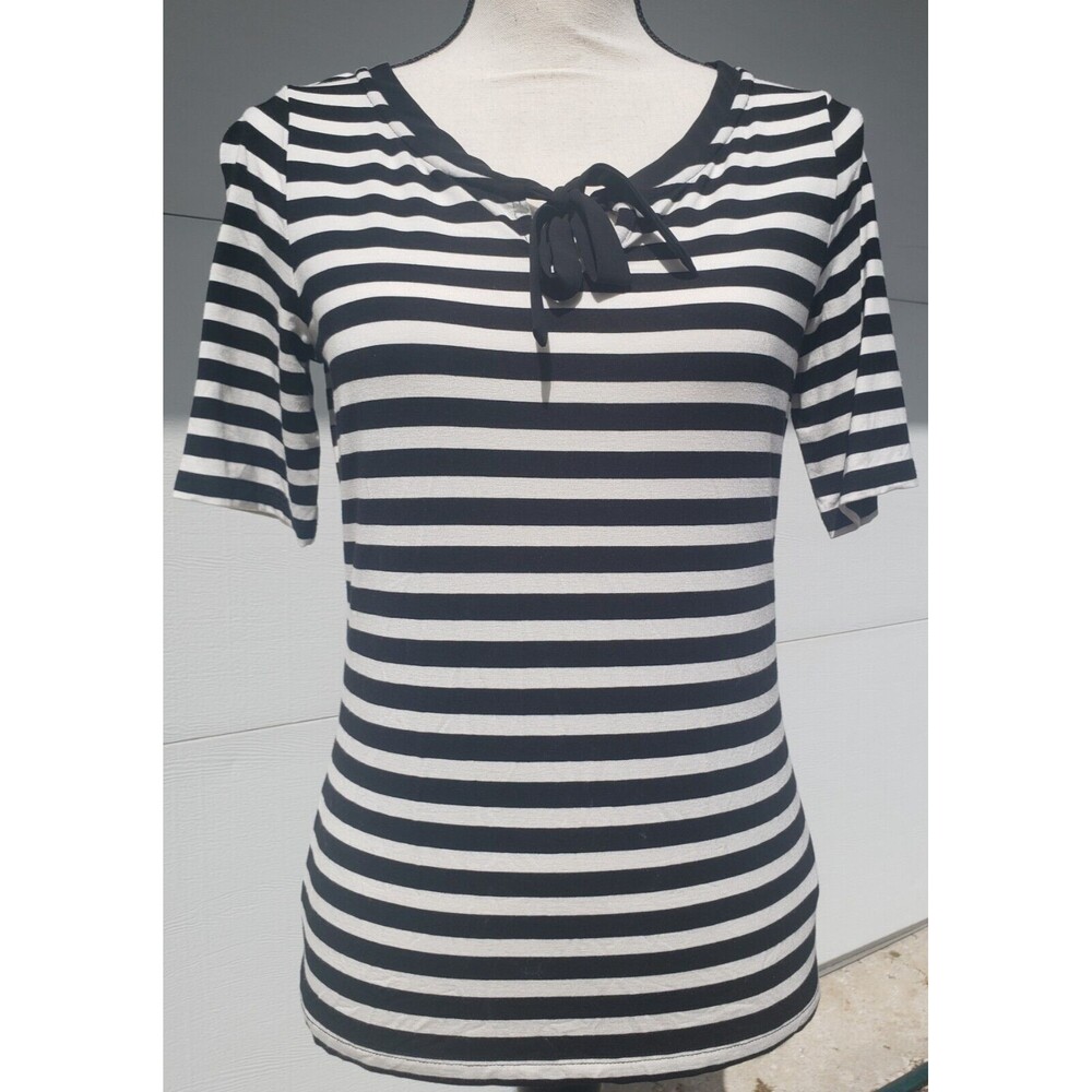 TALBOTS Knit Top Short Sleeve Stretchy Soft Bow Detail Black Striped Size XS